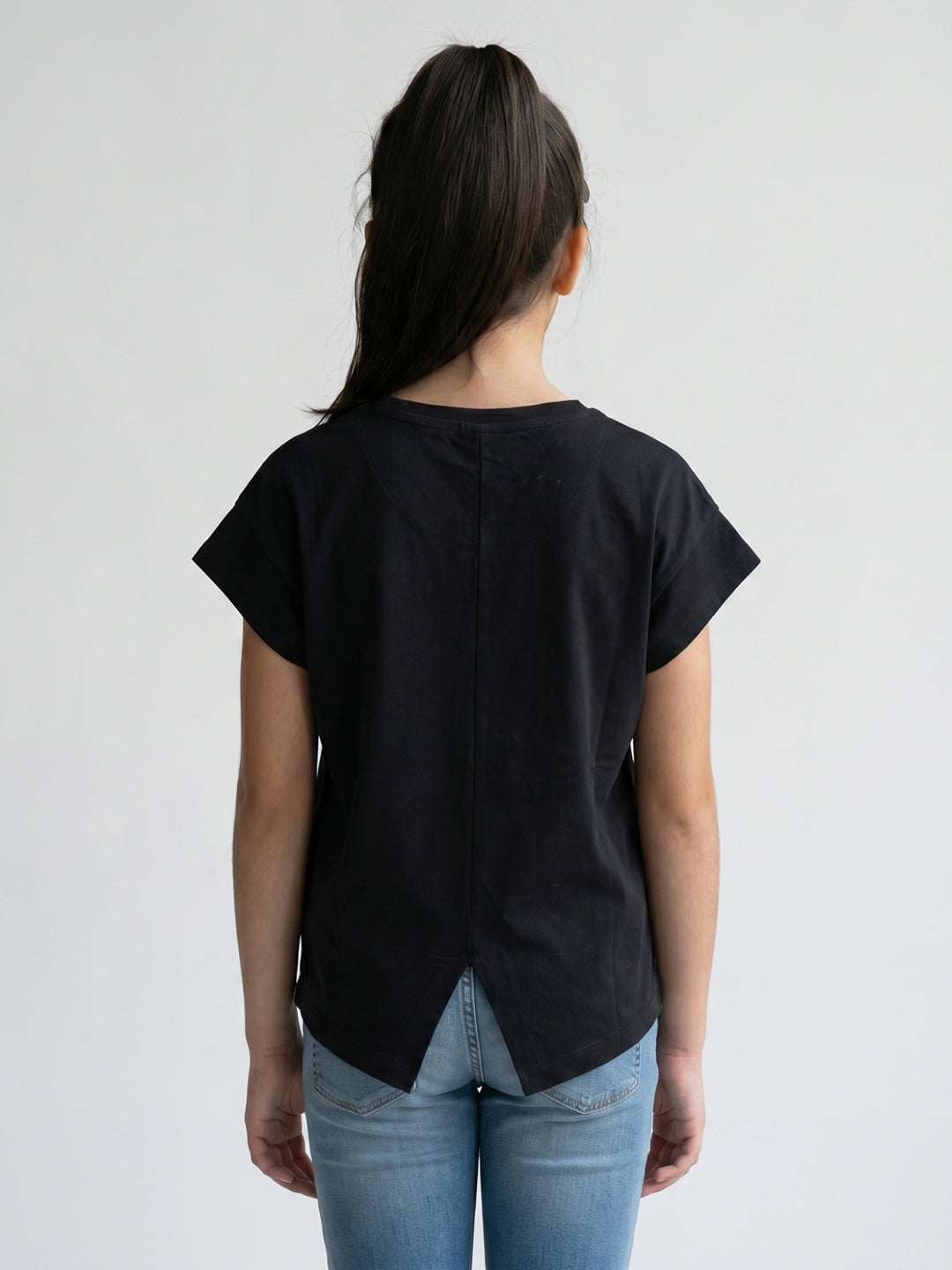 Girls Black Printed Round Neck Half Sleeve Top