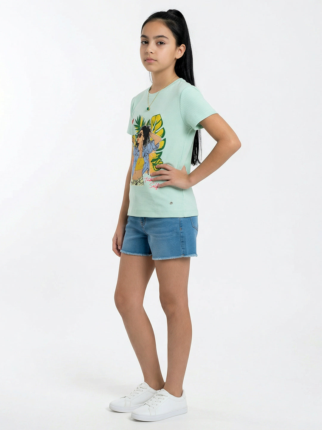 Girls Sea Green Printed Round Neck Half Sleeve Top