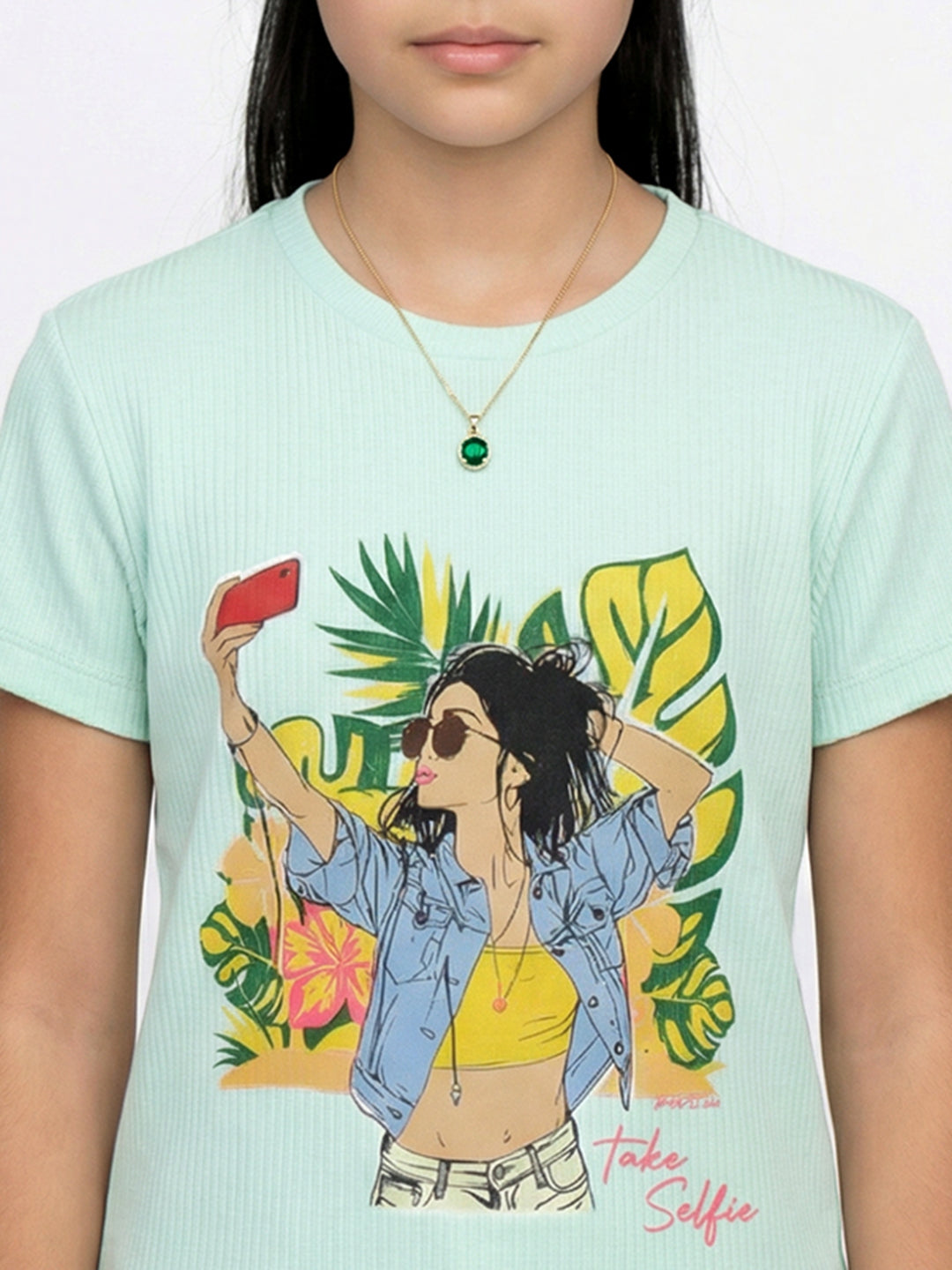 Girls Sea Green Printed Round Neck Half Sleeve Top