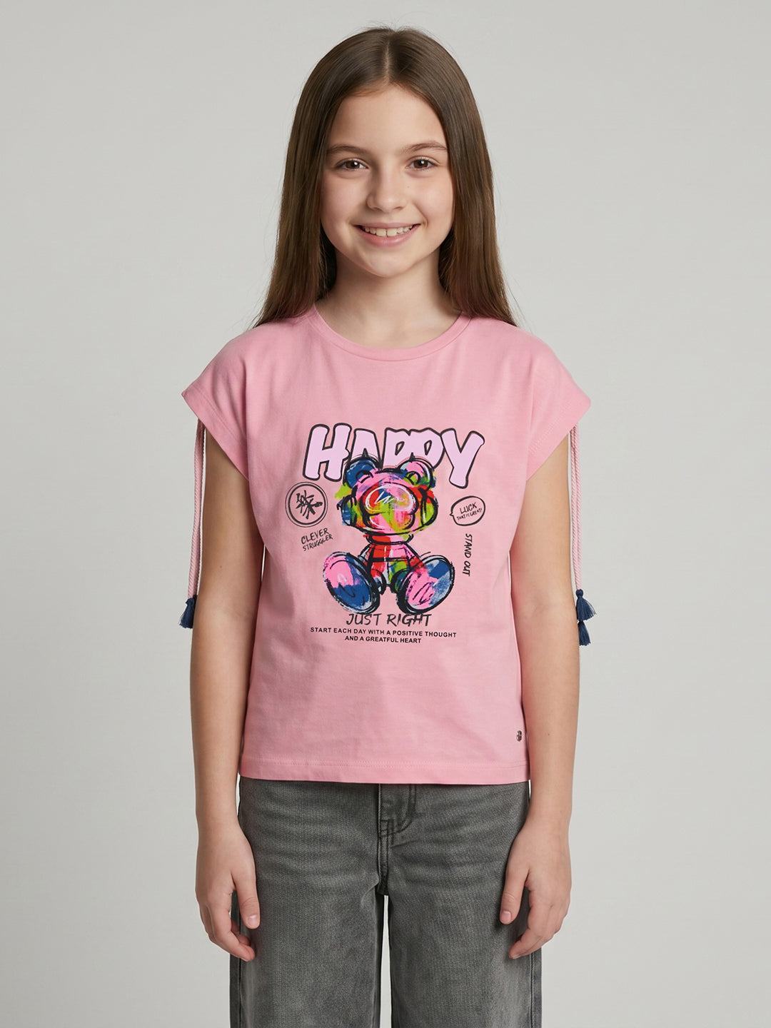 Girls Peach Printed Round Neck Half Sleeve Top