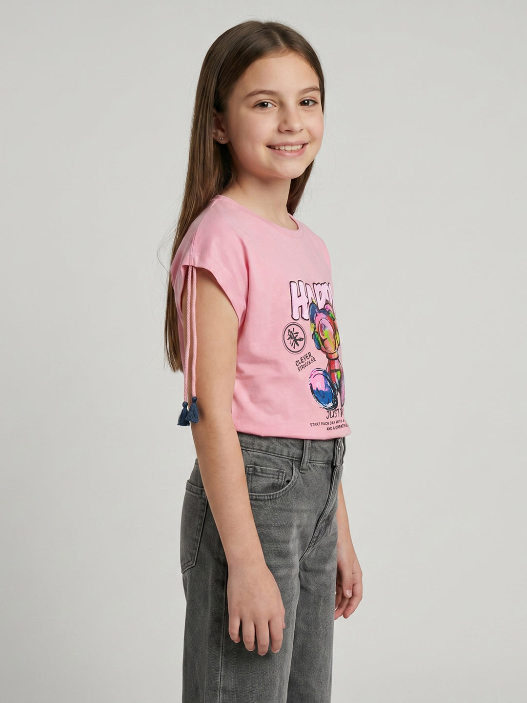 Girls Peach Printed Round Neck Half Sleeve Top