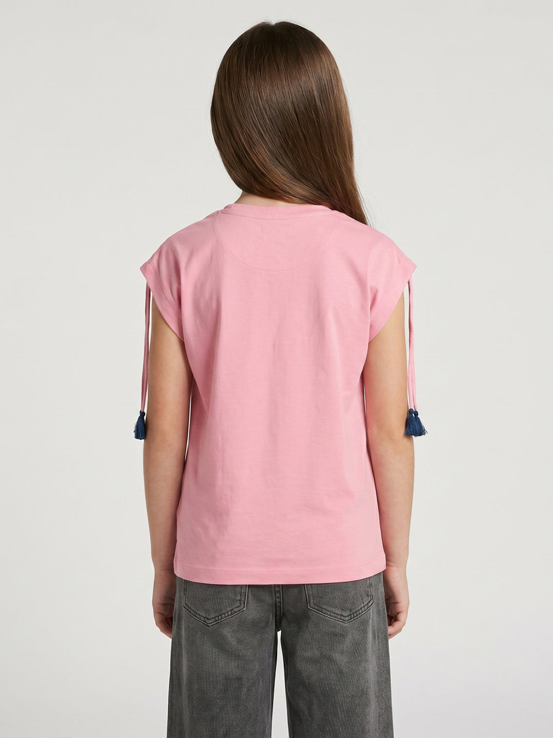 Girls Peach Printed Round Neck Half Sleeve Top
