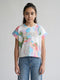 Girls White Printed Round Neck Half Sleeve Top