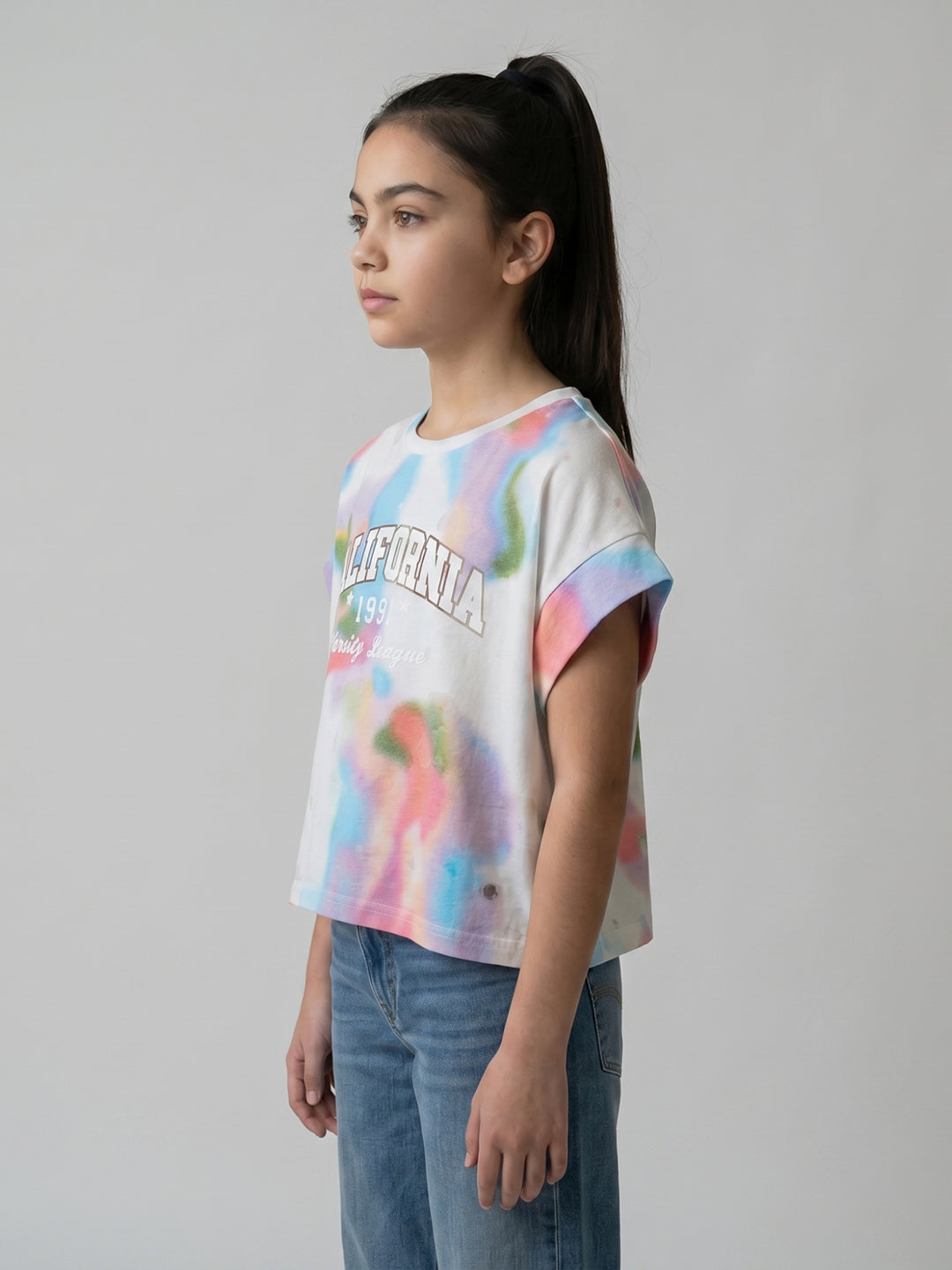 Girls White Printed Round Neck Half Sleeve Top