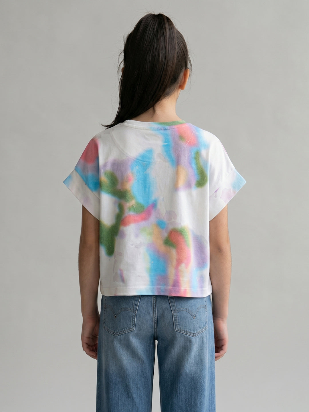 Girls White Printed Round Neck Half Sleeve Top