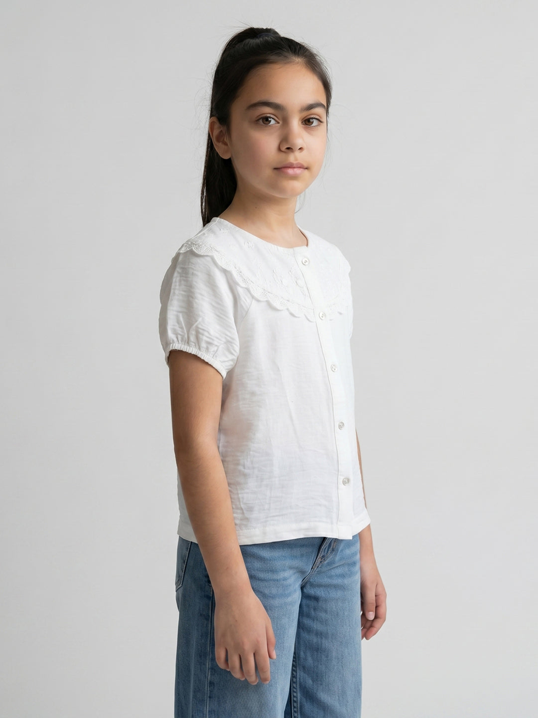 Girls White Embroidered V Neck Half Sleeve Top