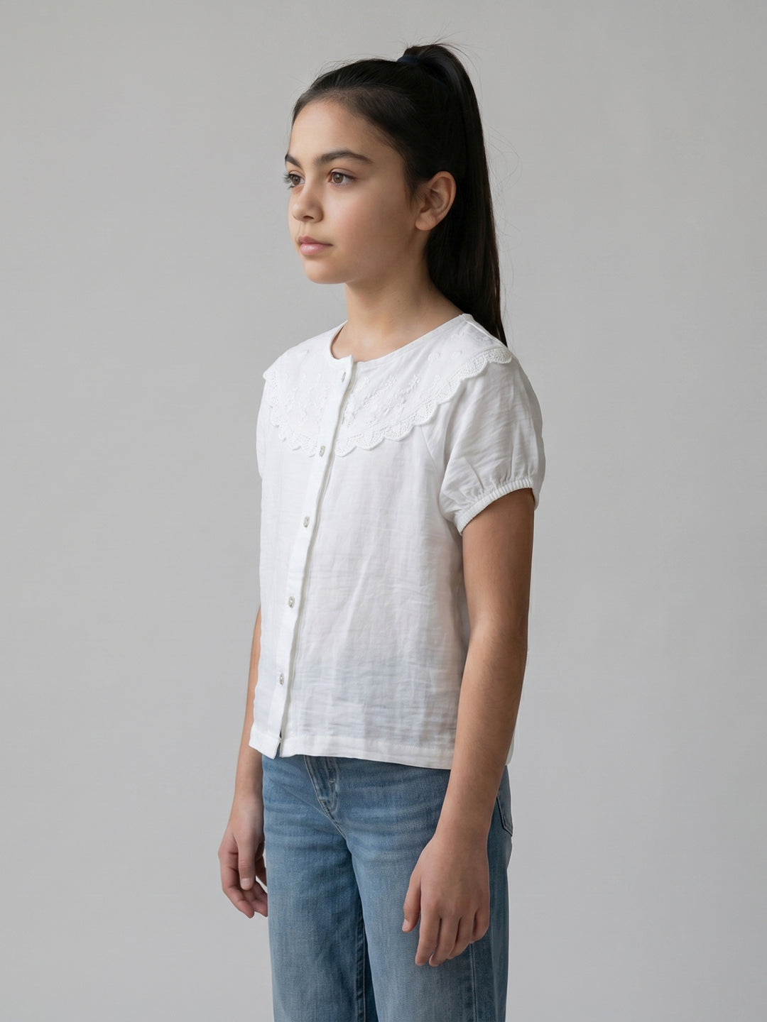 Girls White Embroidered V Neck Half Sleeve Top