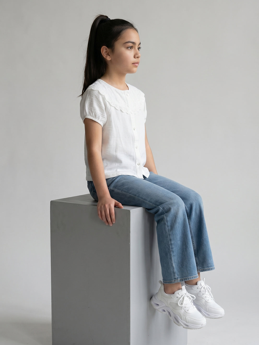 Girls White Embroidered V Neck Half Sleeve Top