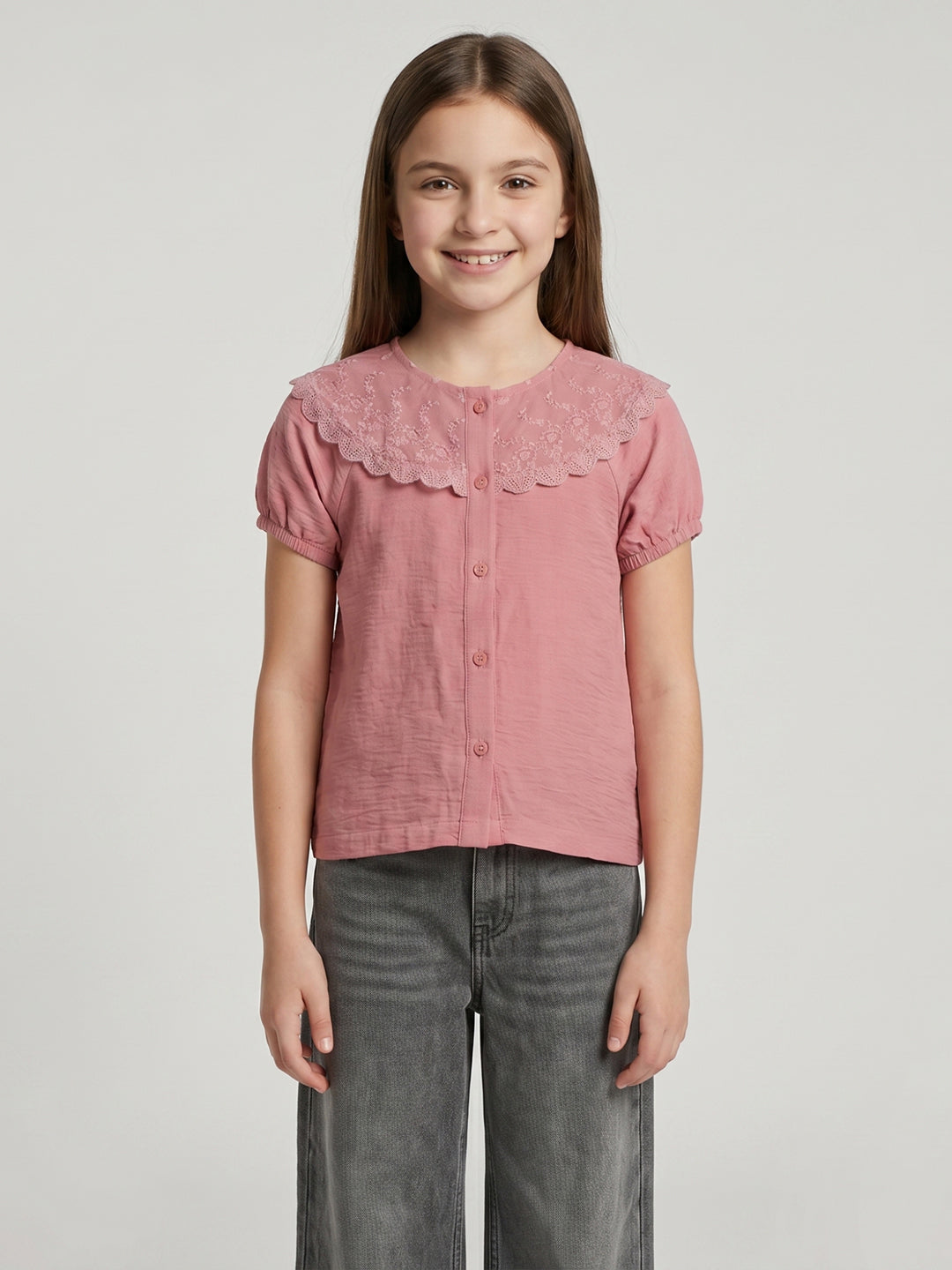 Girls Peach Embroidered Henley Neck Half Sleeve Top