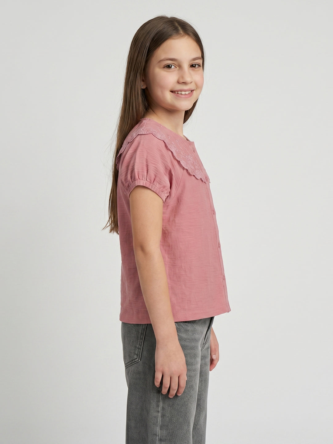 Girls Peach Embroidered Henley Neck Half Sleeve Top
