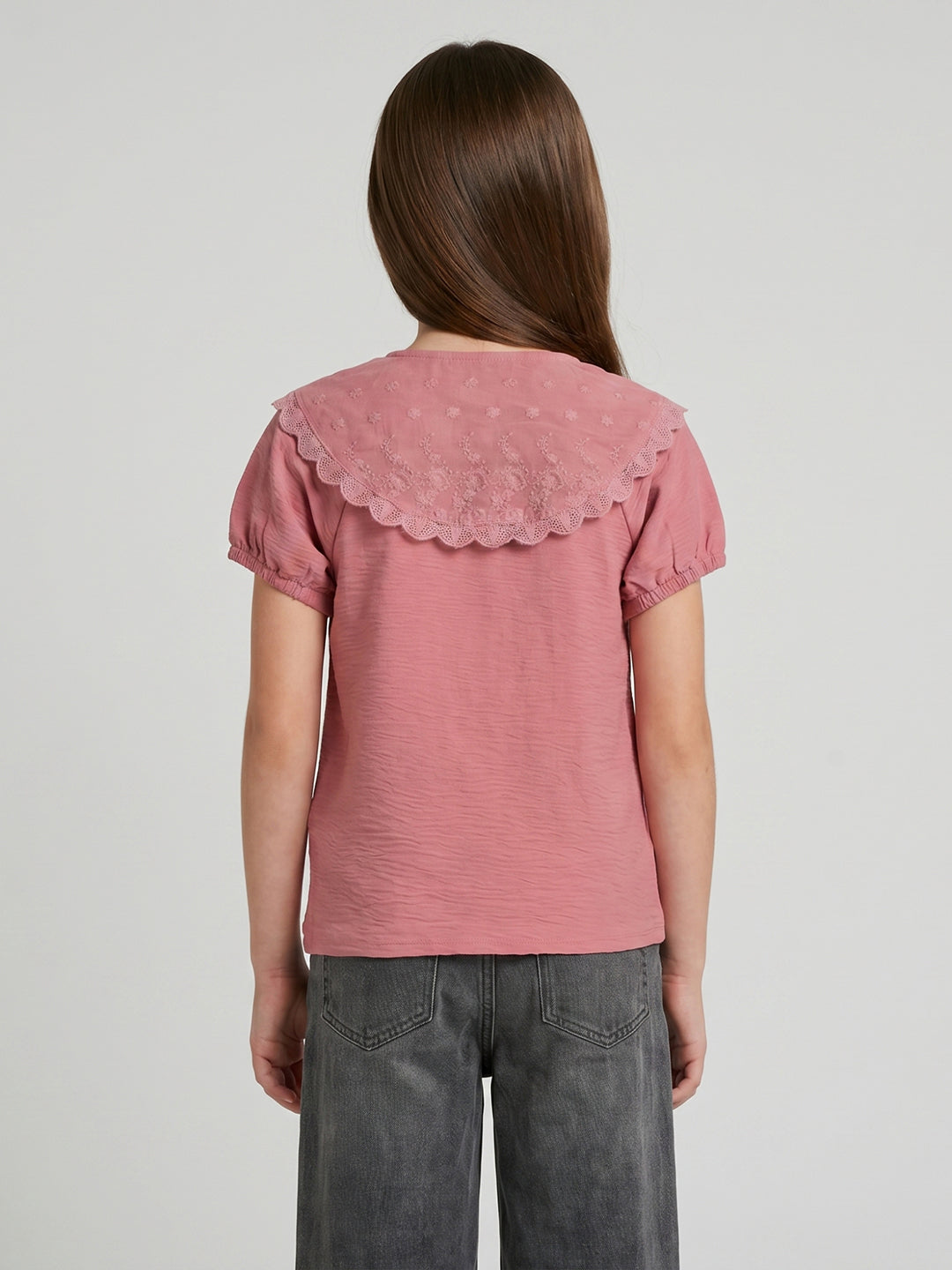 Girls Peach Embroidered Henley Neck Half Sleeve Top