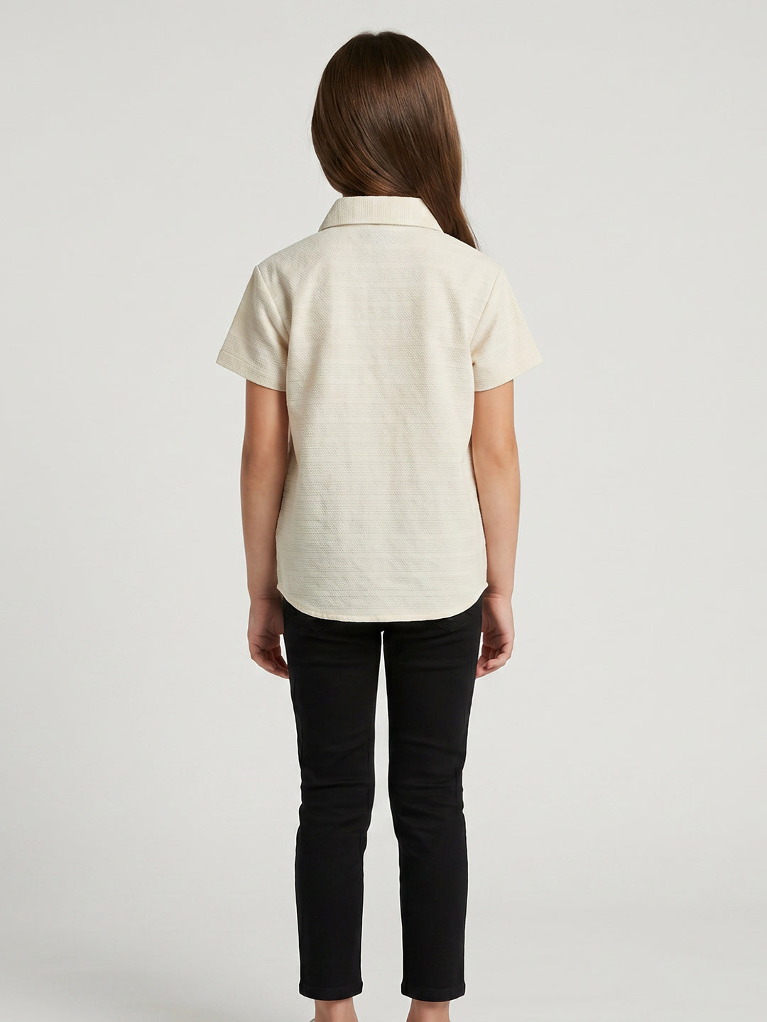 Girls Cream Printed Collar Half Sleeve Top
