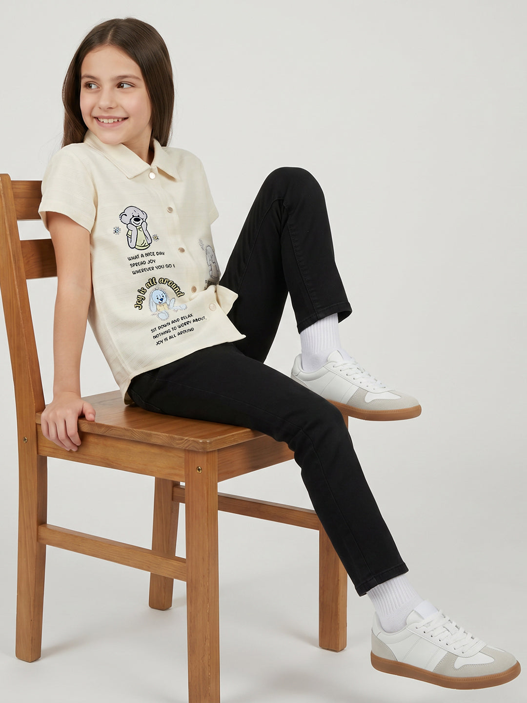 Girls Cream Printed Collar Half Sleeve Top