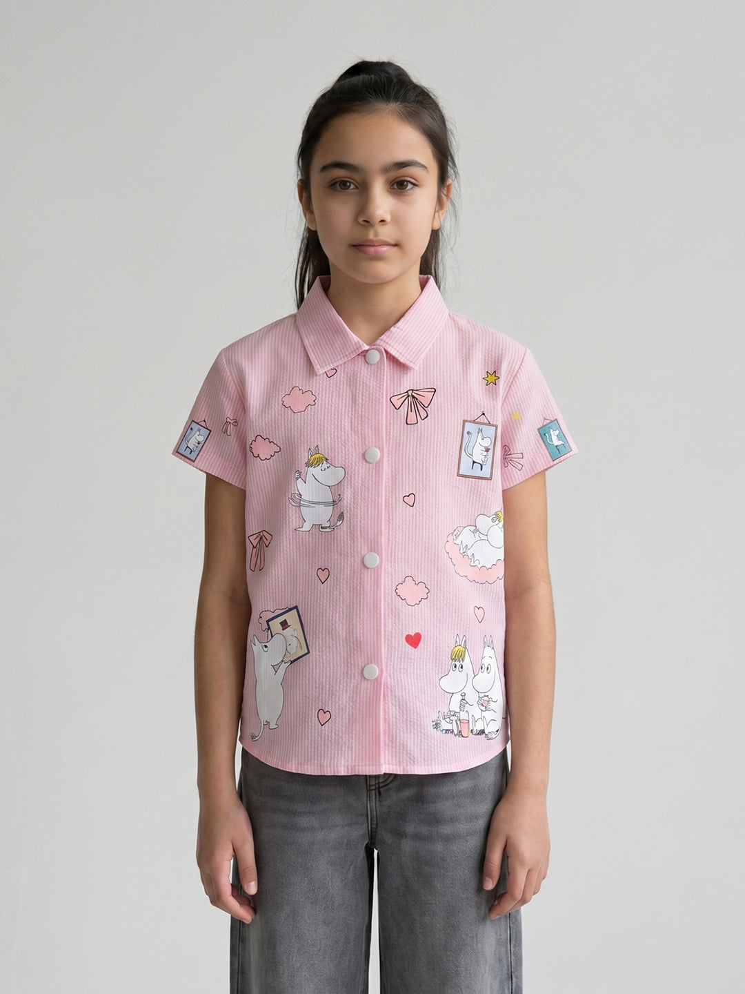 Girls Pink Printed Collar Half Sleeve Top