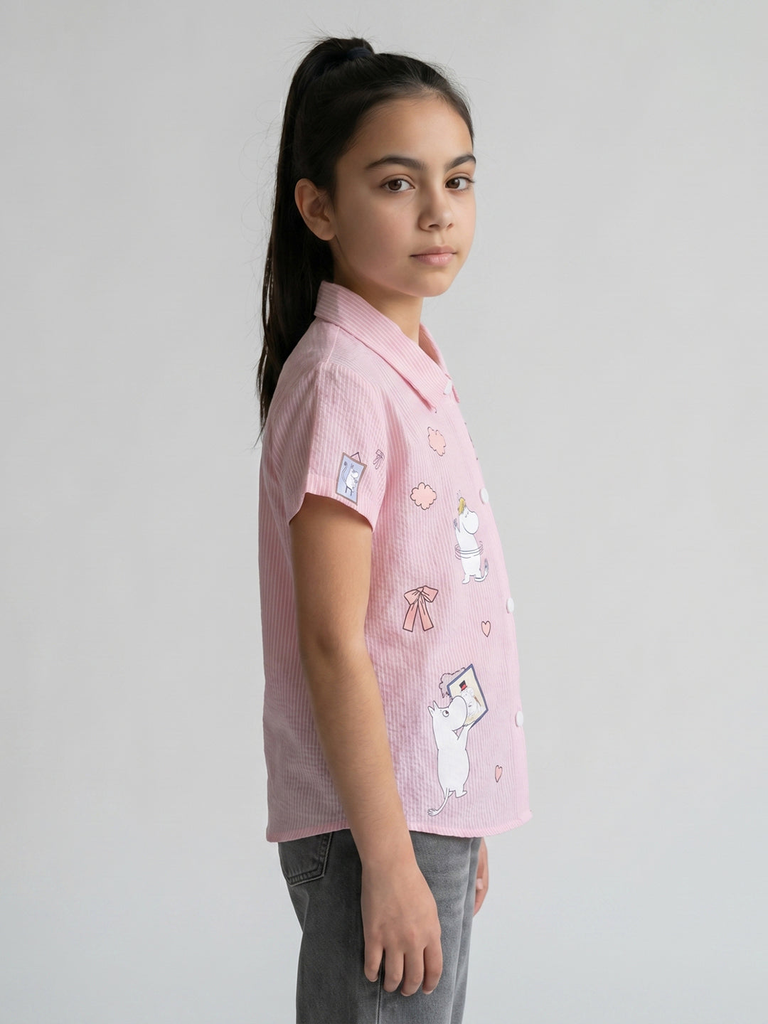 Girls Pink Printed Collar Half Sleeve Top
