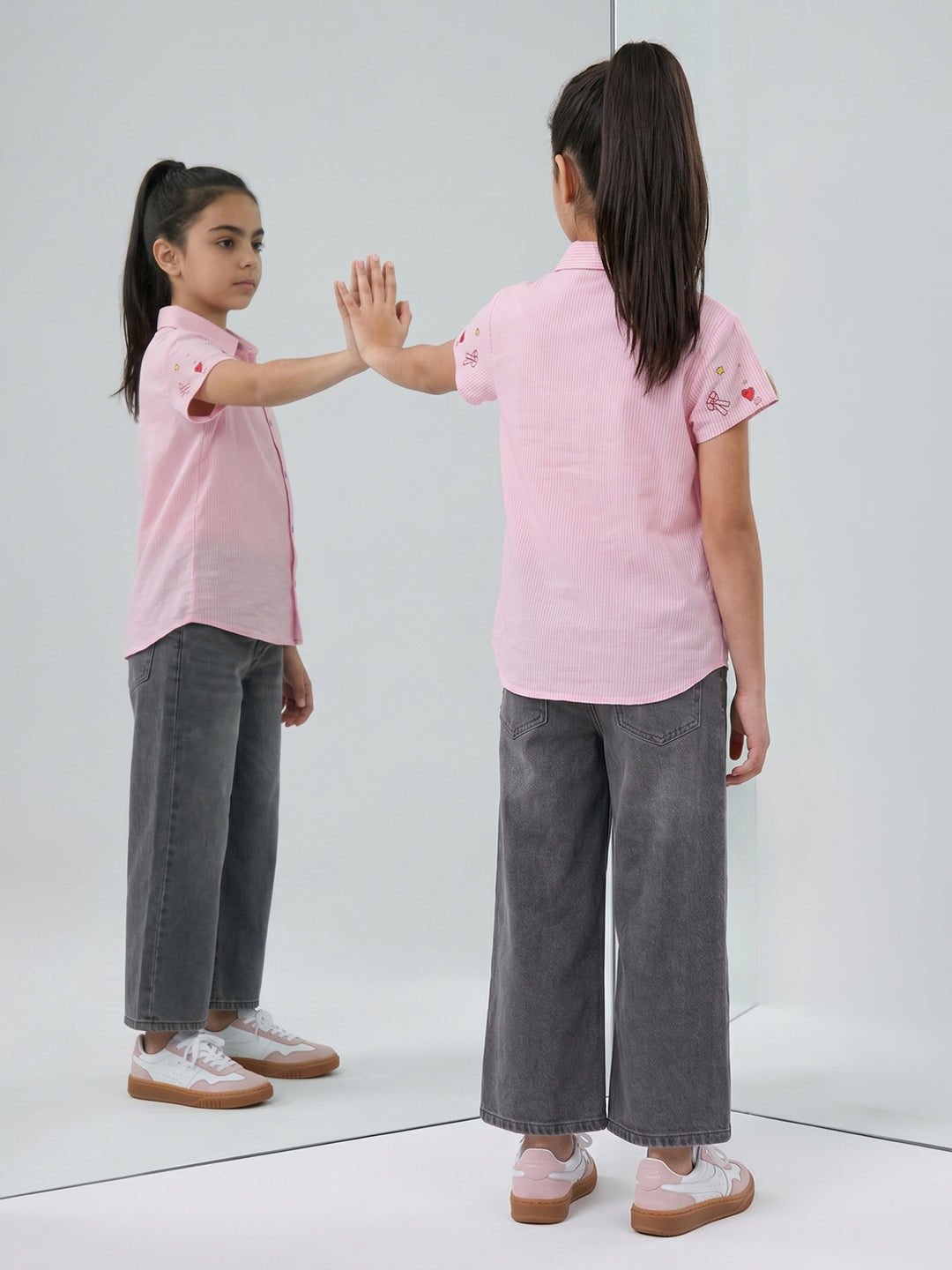 Girls Pink Printed Collar Half Sleeve Top