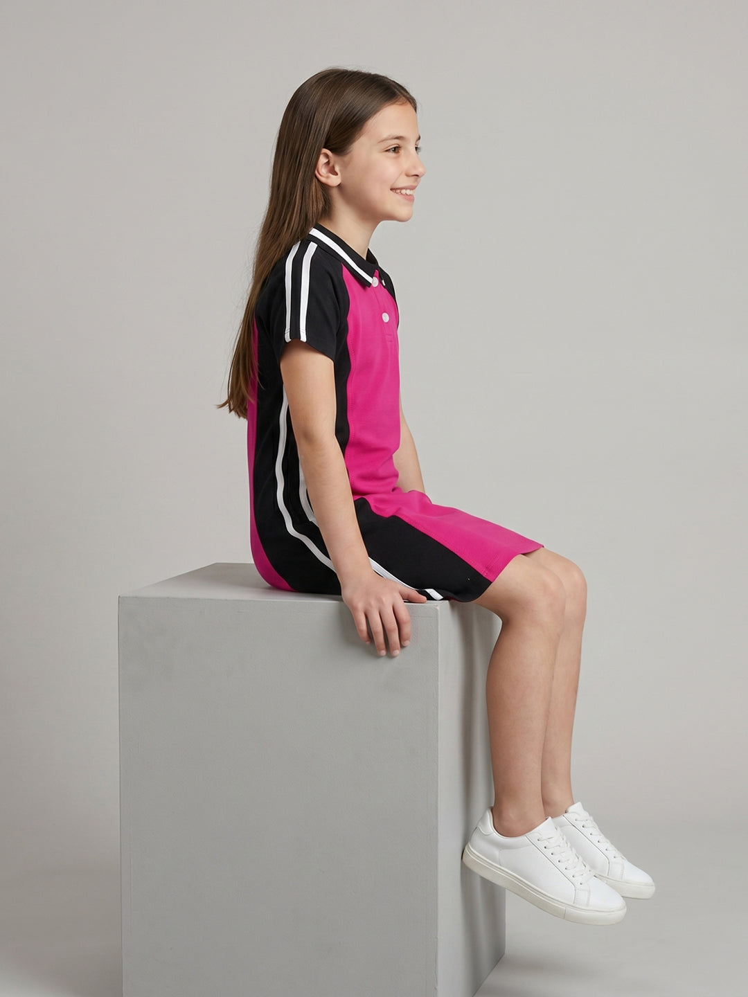 Girls Pink Solid Collar Half Sleeve Dress