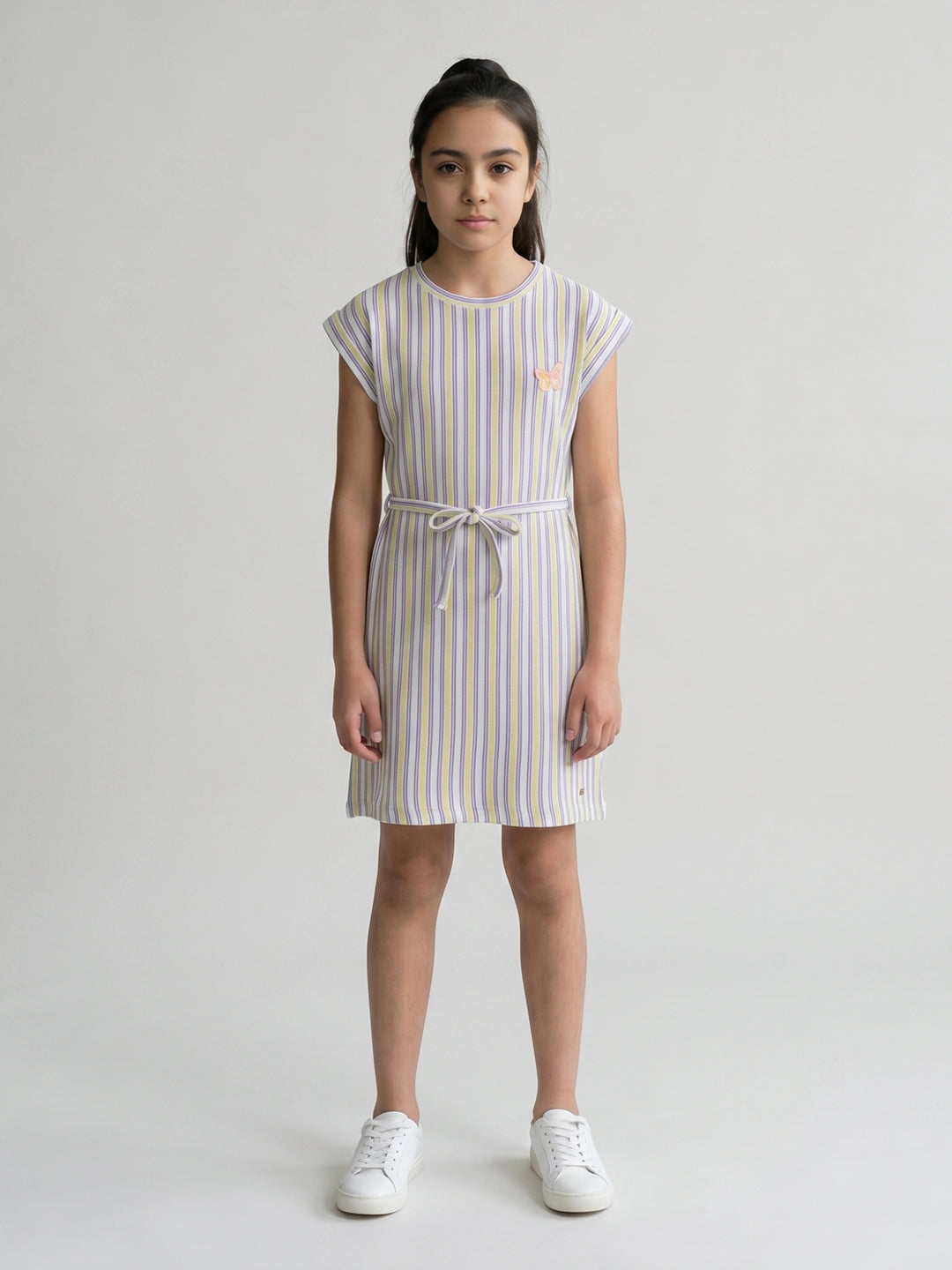 Girls Yellow Stripe Round Neck Half Sleeve Dress