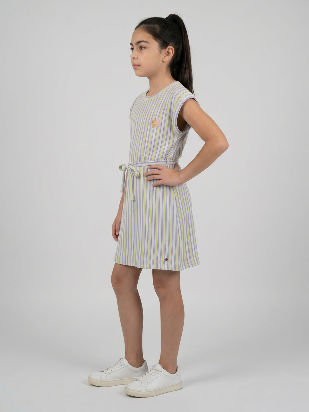 Girls Yellow Stripe Round Neck Half Sleeve Dress