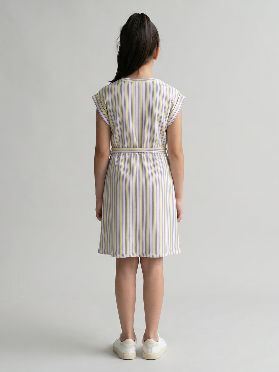 Girls Yellow Stripe Round Neck Half Sleeve Dress