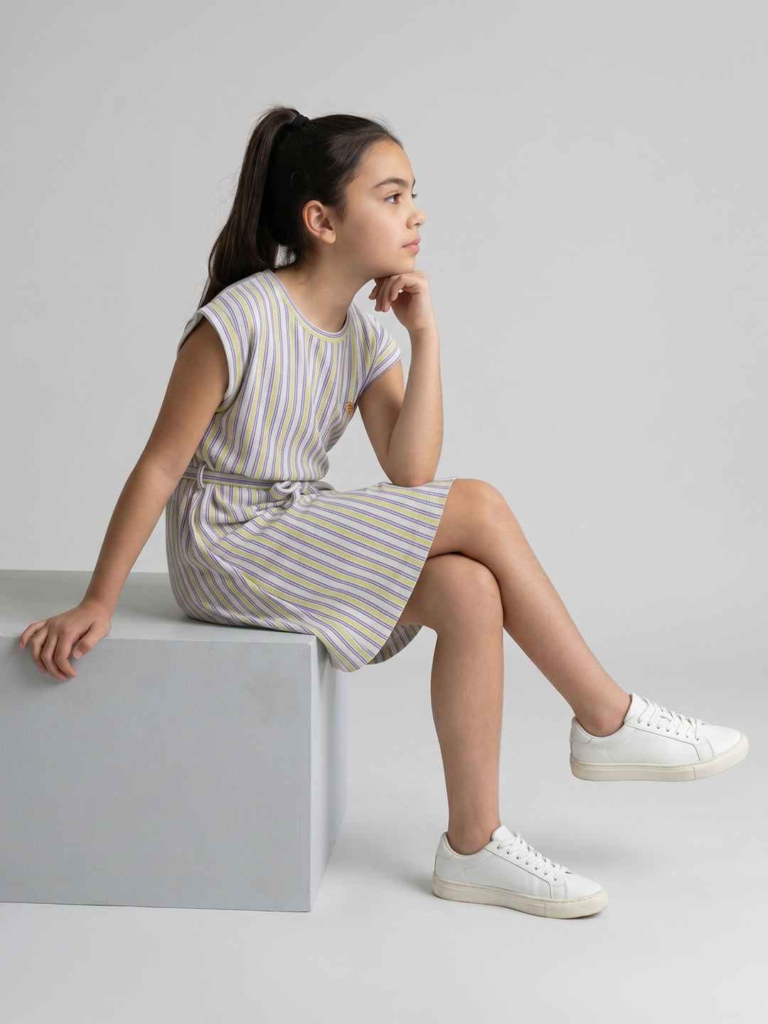 Girls Yellow Stripe Round Neck Half Sleeve Dress