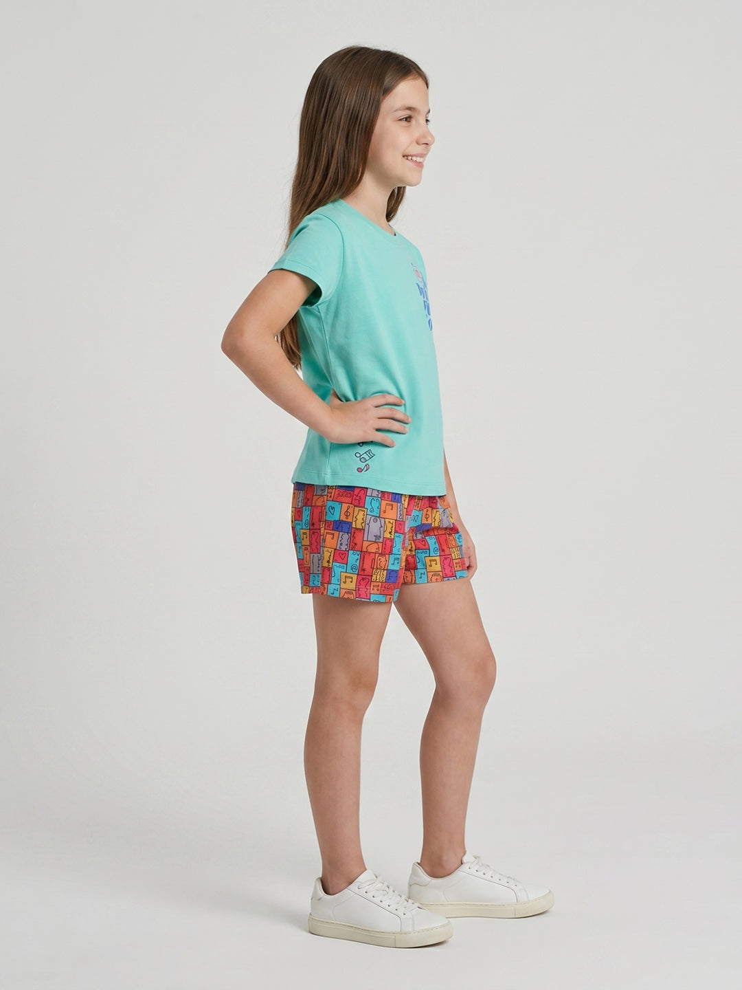 Girls Sea Green Printed Round Neck Half Sleeve Shorts Set