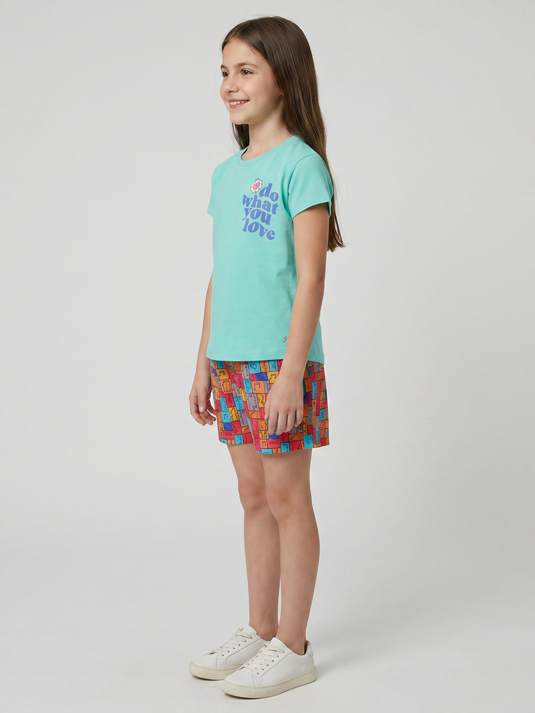 Girls Sea Green Printed Round Neck Half Sleeve Shorts Set