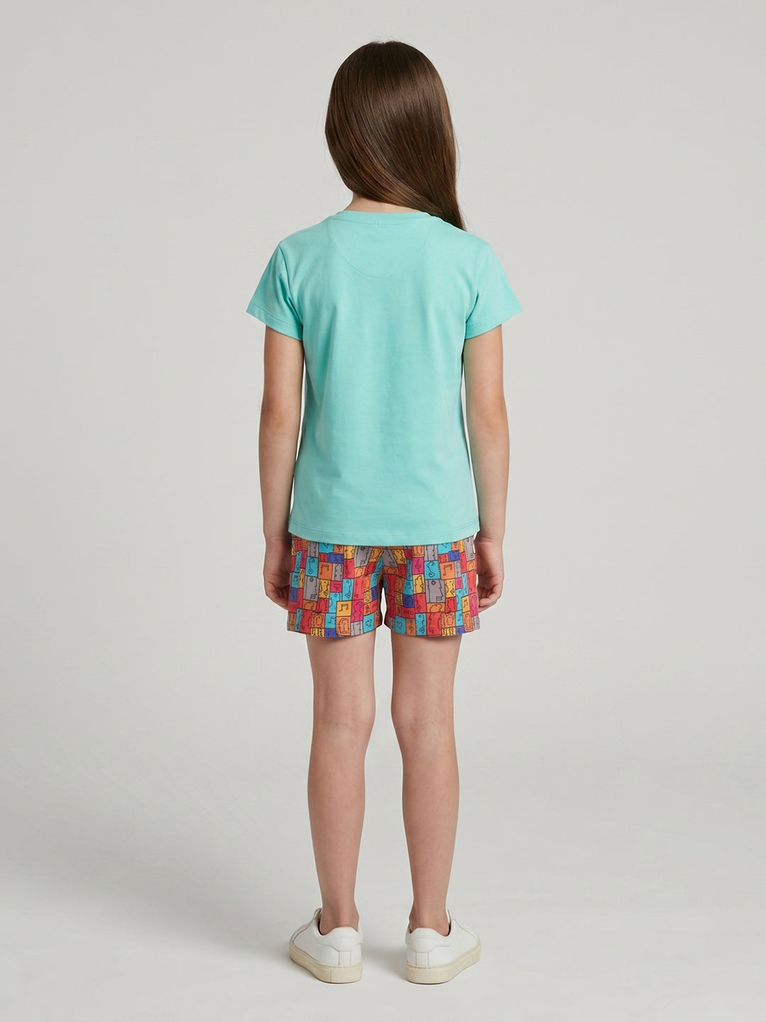 Girls Sea Green Printed Round Neck Half Sleeve Shorts Set