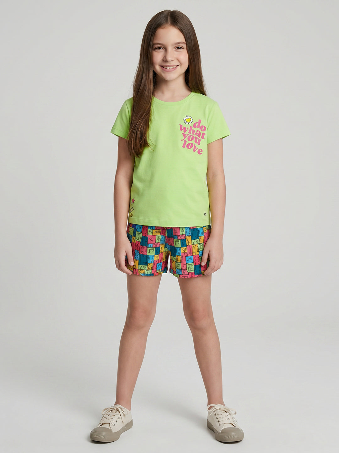 Girls Green Printed Round Neck Half Sleeve Shorts Set