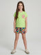 Girls Green Printed Round Neck Half Sleeve Shorts Set