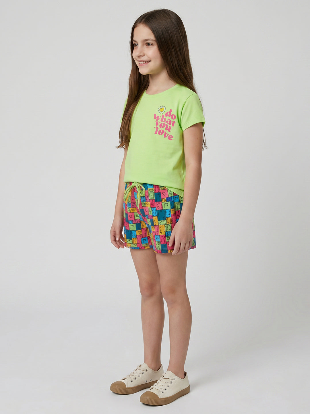 Girls Green Printed Round Neck Half Sleeve Shorts Set