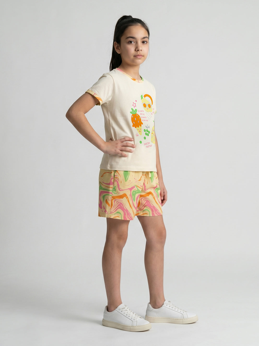 Girls Cream Printed Round Neck Half Sleeve Shorts Set