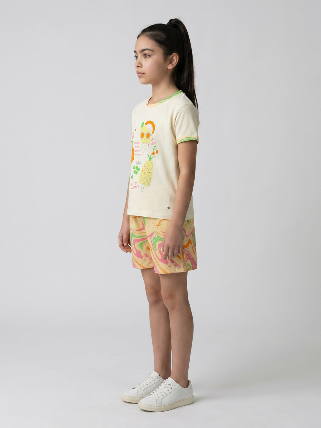 Girls Cream Printed Round Neck Half Sleeve Shorts Set