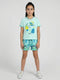 Girls Mint Green Printed Round Neck Half Sleeve Shorts Set