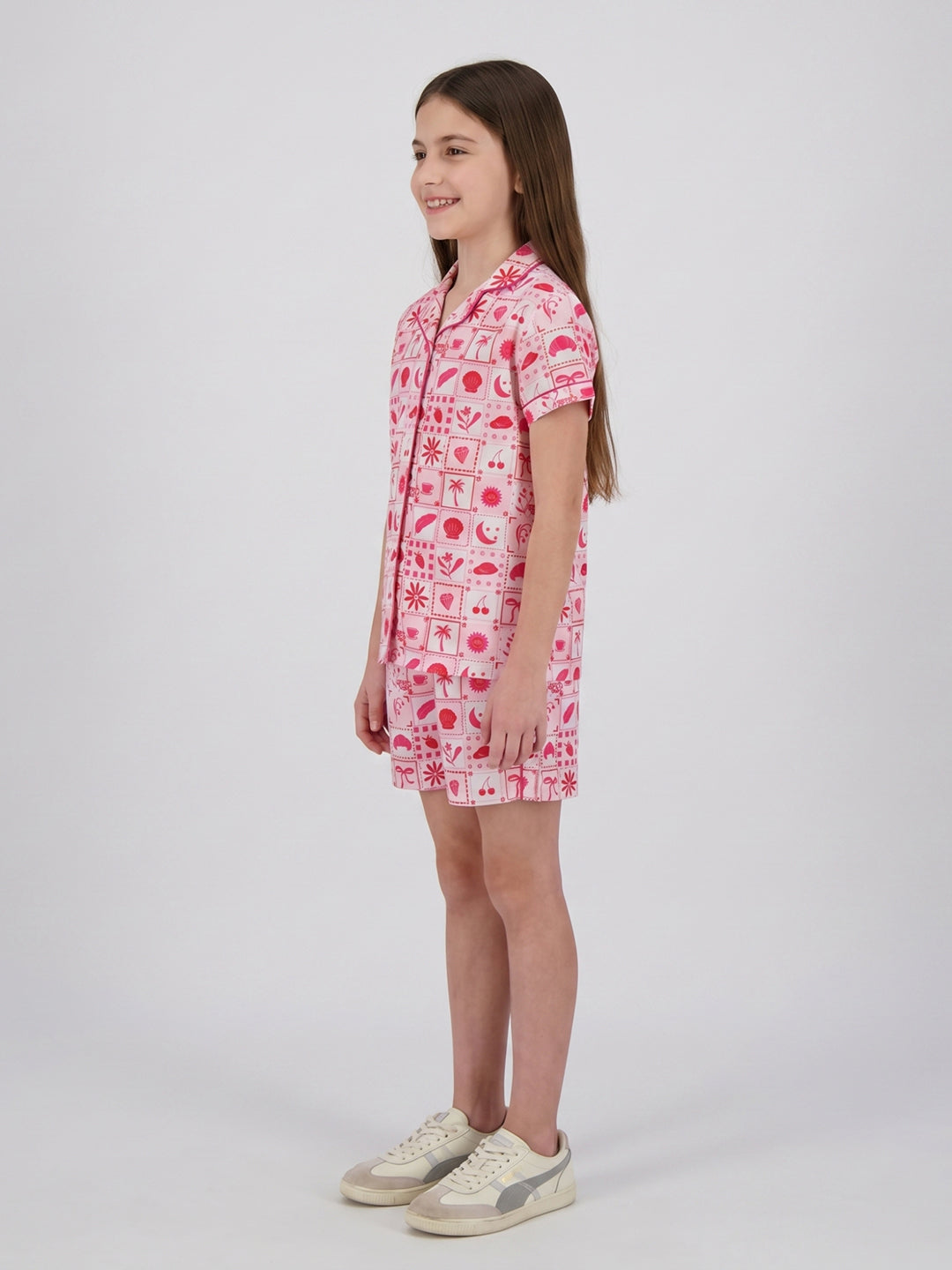 Girls Red Printed Collar Half Sleeve Shorts Set