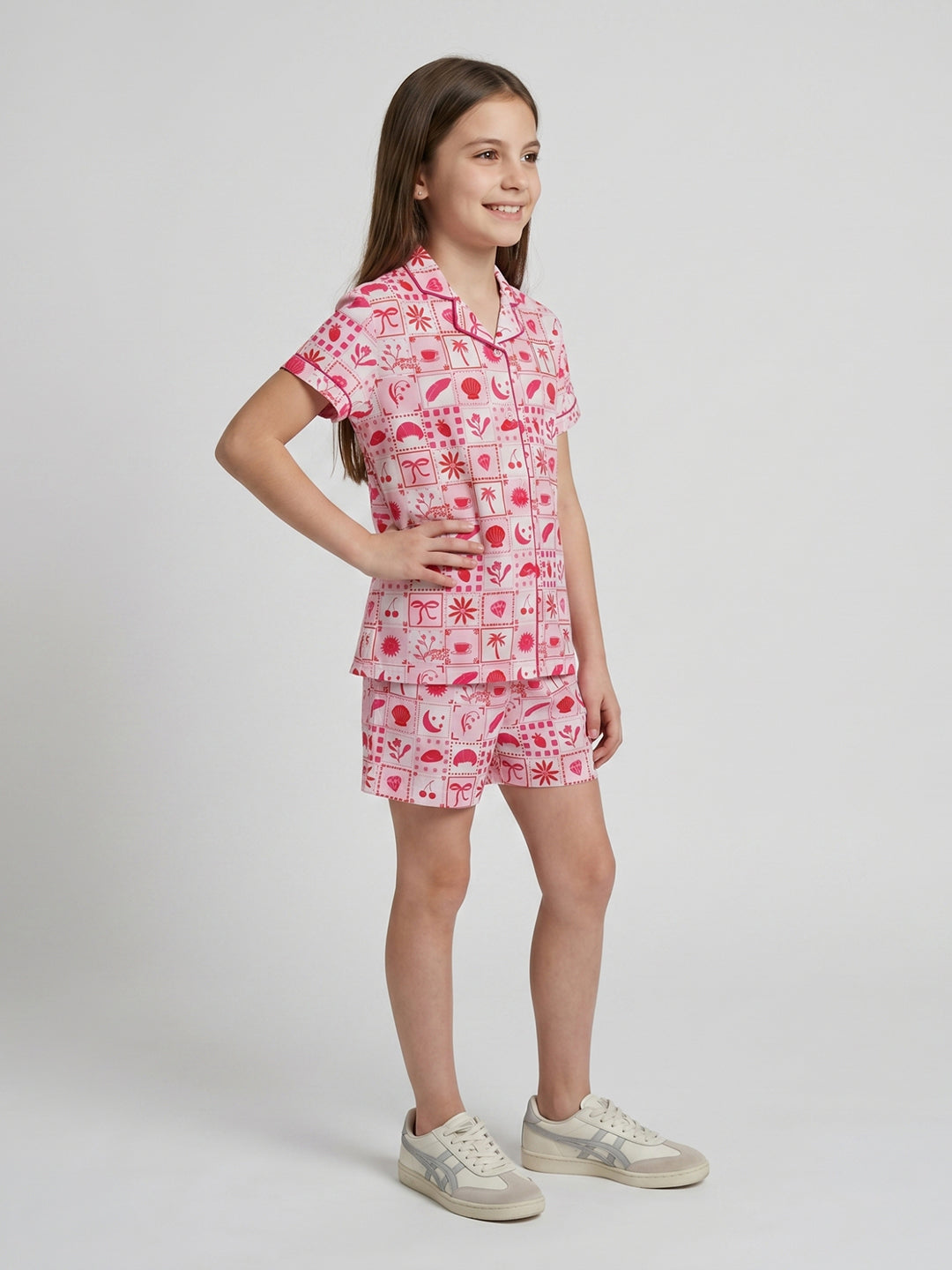 Girls Red Printed Collar Half Sleeve Shorts Set