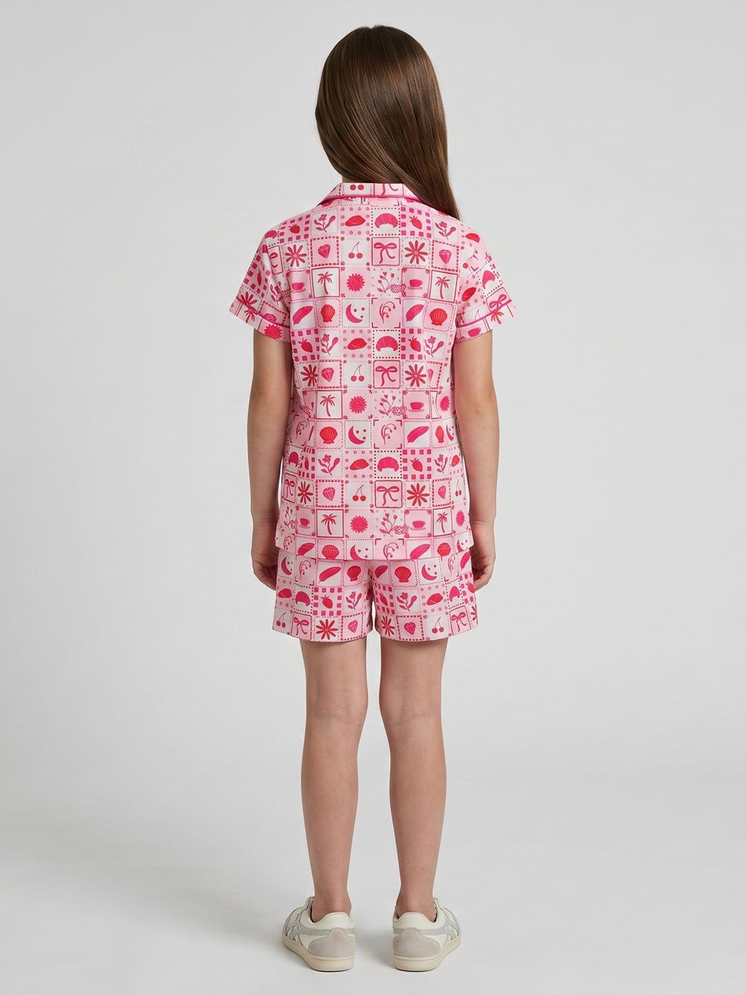 Girls Red Printed Collar Half Sleeve Shorts Set