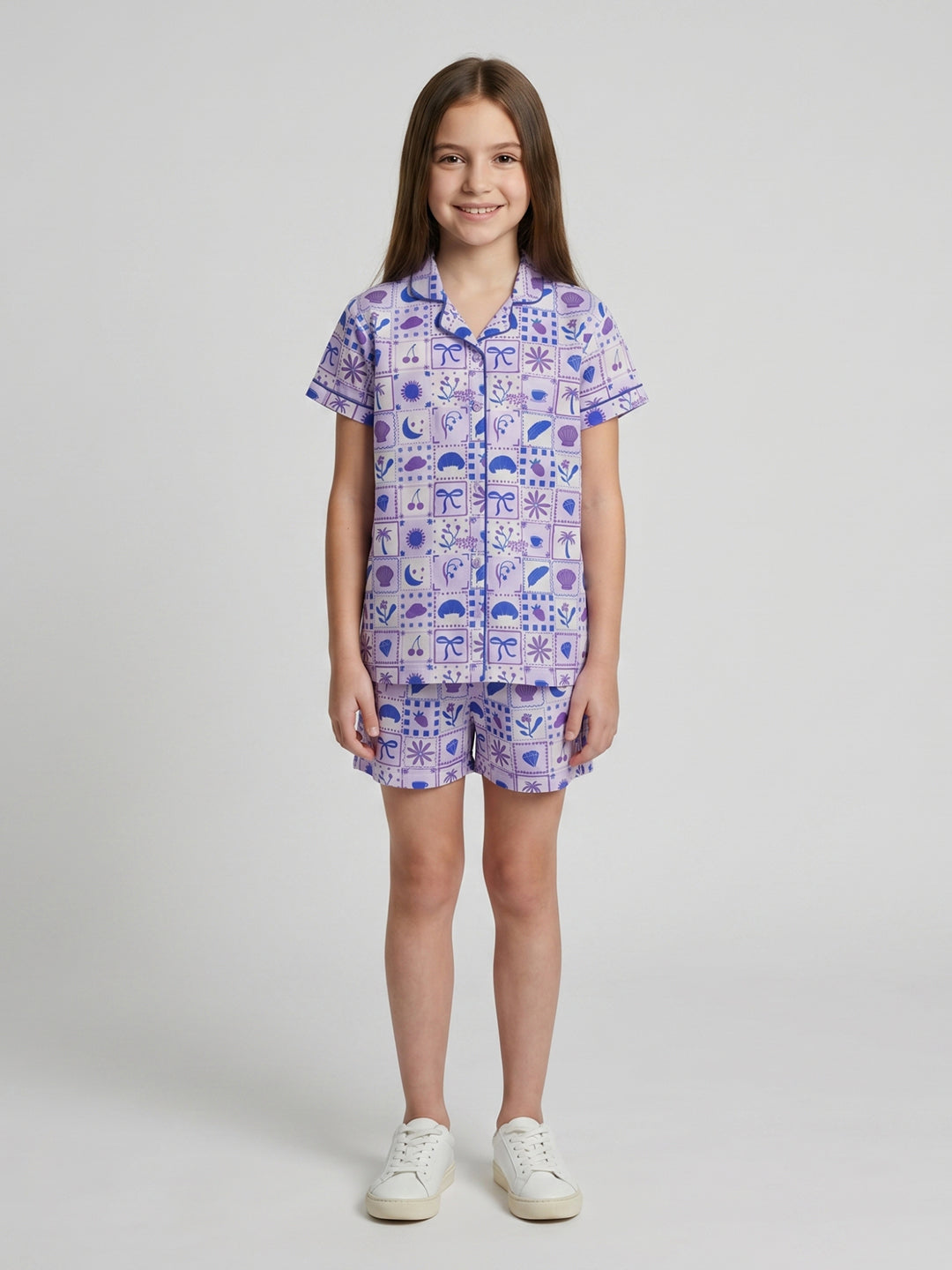 Girls Purple Printed Collar Half Sleeve Shorts Set
