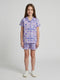 Girls Purple Printed Collar Half Sleeve Shorts Set