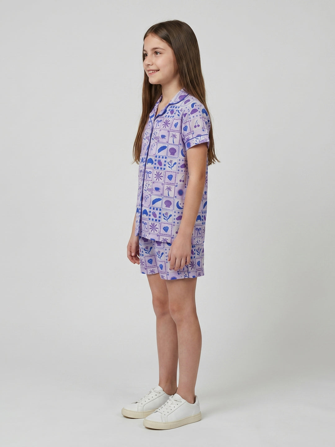 Girls Purple Printed Collar Half Sleeve Shorts Set