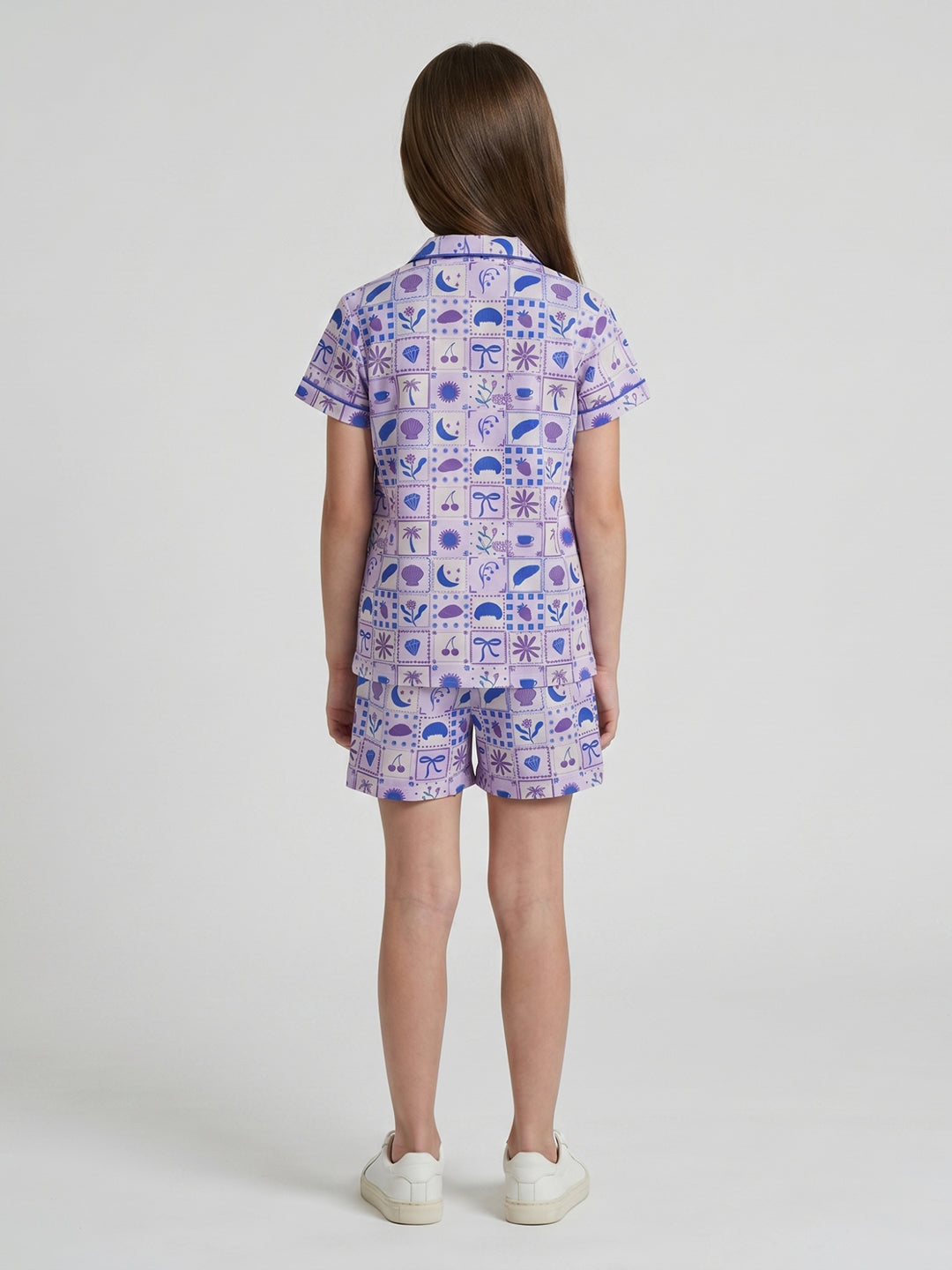 Girls Purple Printed Collar Half Sleeve Shorts Set