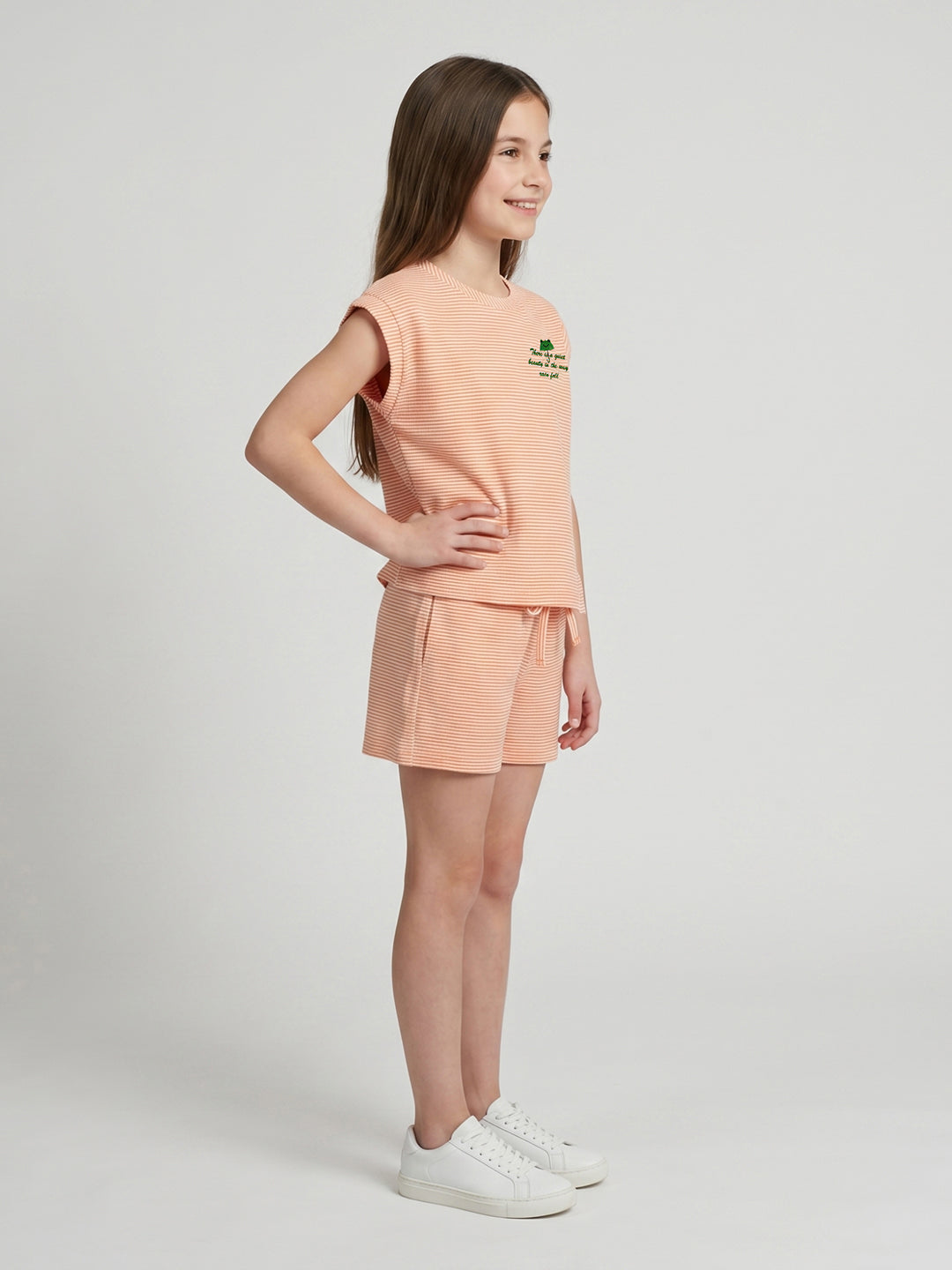 Girls Orange Jacquard Round Neck Half Sleeve Cords Set