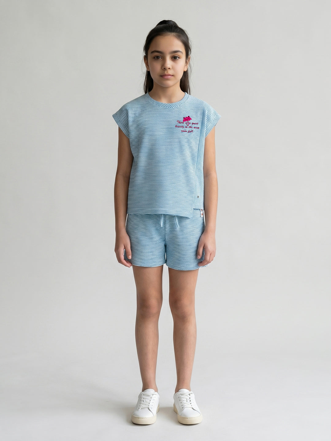 Girls Blue Jacquard Round Neck Half Sleeve Cords Set