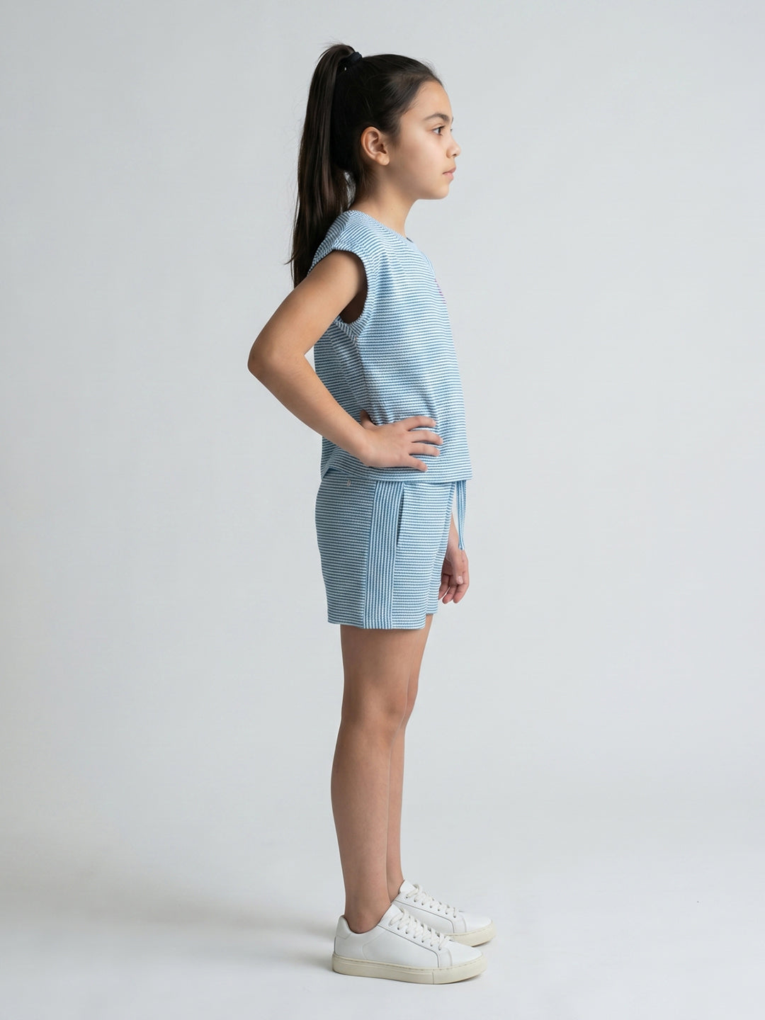Girls Blue Jacquard Round Neck Half Sleeve Cords Set