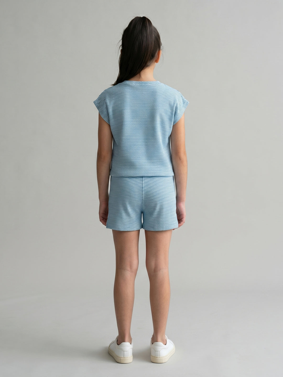 Girls Blue Jacquard Round Neck Half Sleeve Cords Set