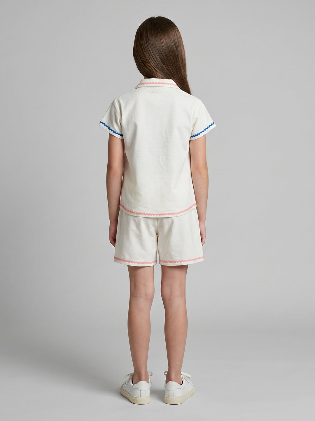 Girls Off White Embroidered Round Neck Half Sleeve Cords Set