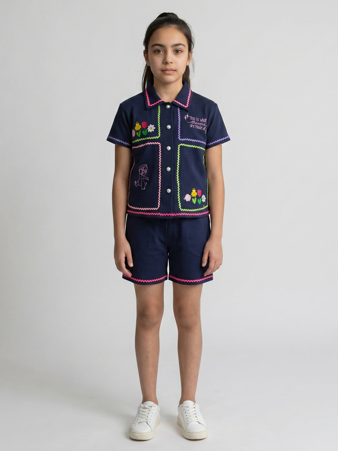 Girls Navy Blue Embroidered Round Neck Half Sleeve Cords Set