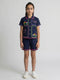 Girls Navy Blue Embroidered Round Neck Half Sleeve Cords Set