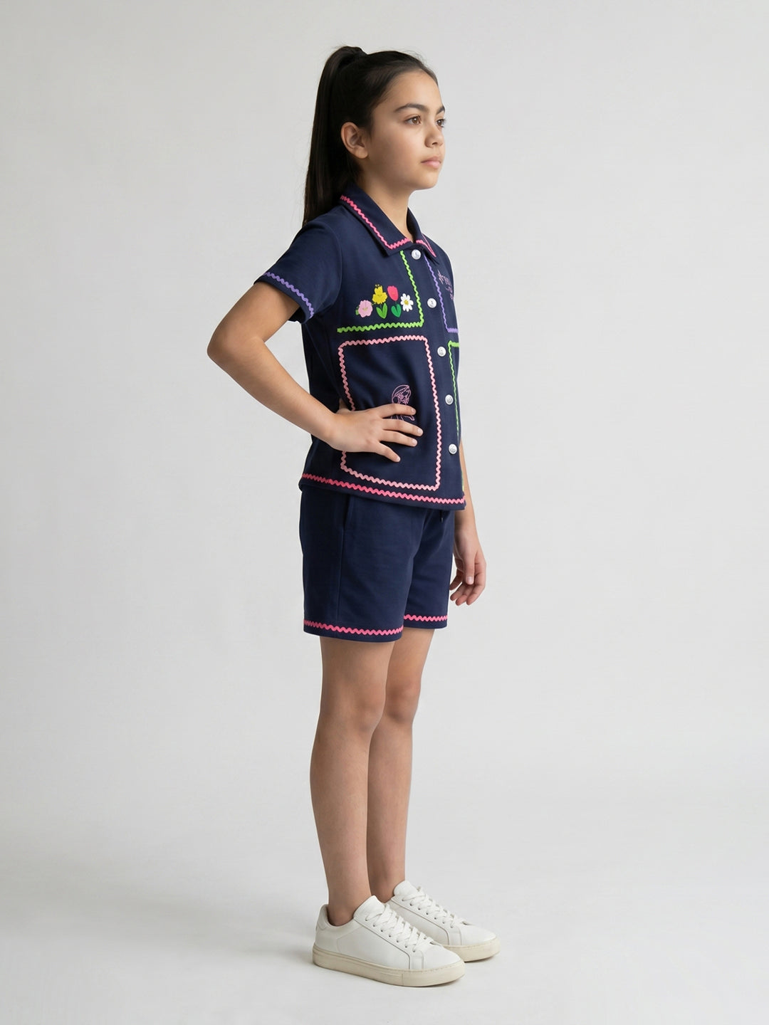 Girls Navy Blue Embroidered Round Neck Half Sleeve Cords Set