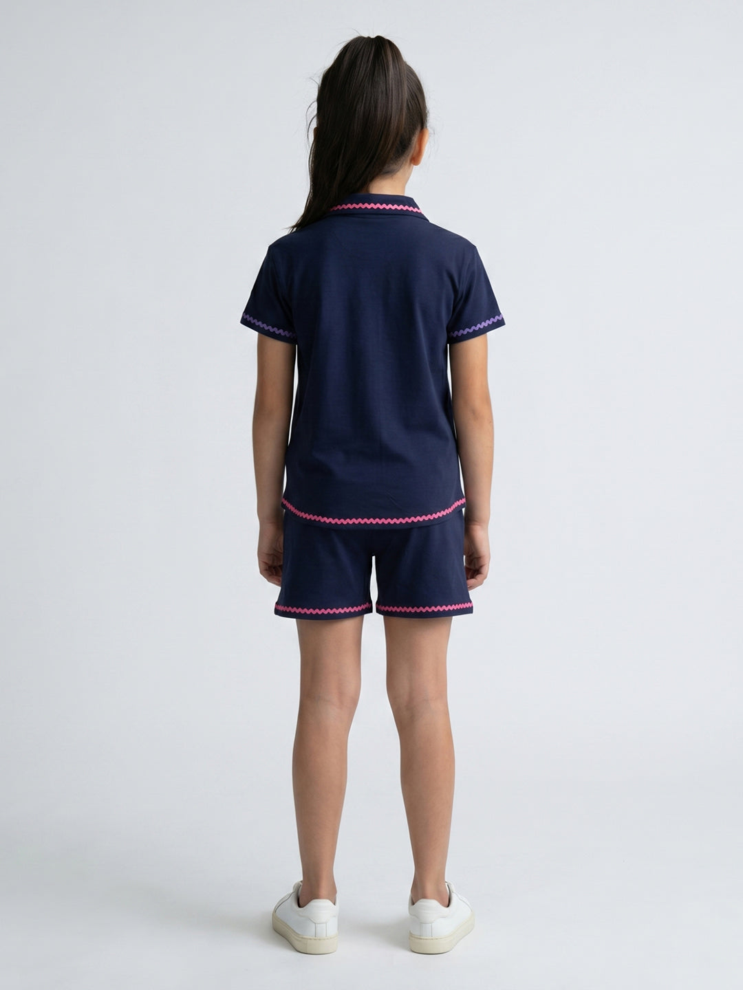 Girls Navy Blue Embroidered Round Neck Half Sleeve Cords Set